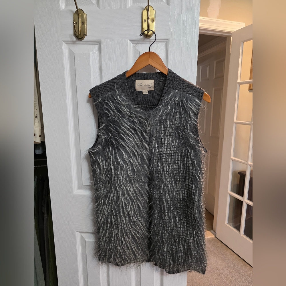 AllSaints Gray Faux-Fur Knit Vest
